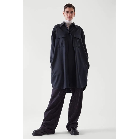COS Utility Wool Blend Mini Shirt Dress‎ in Dark Navy - Picture 6 of 12